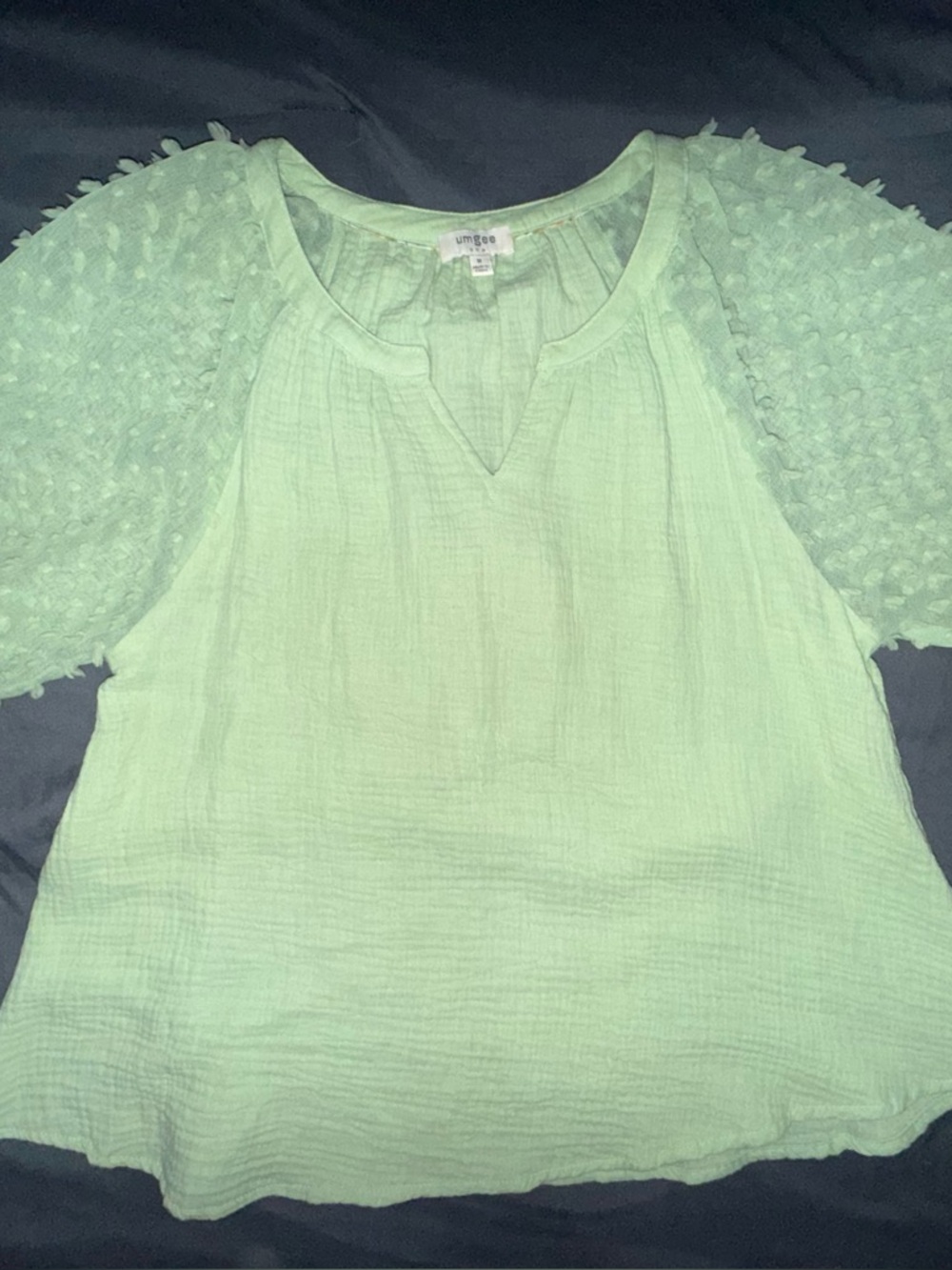 Umgee Mint Textured Popcorn-Sleeve Gauze Blouse